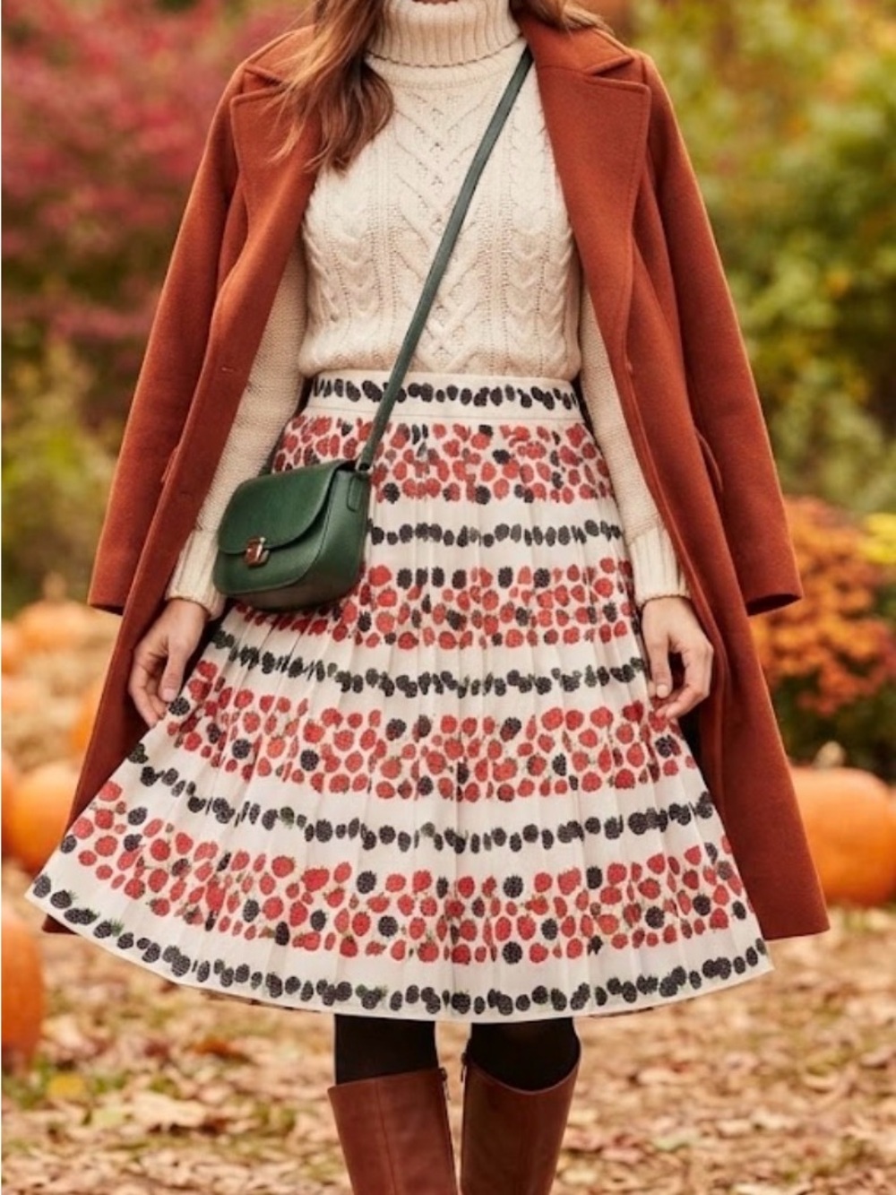 J. Crew Ivory Raspberry & Blackberry Fruit Print Pleated Midi Skirt — Size 6